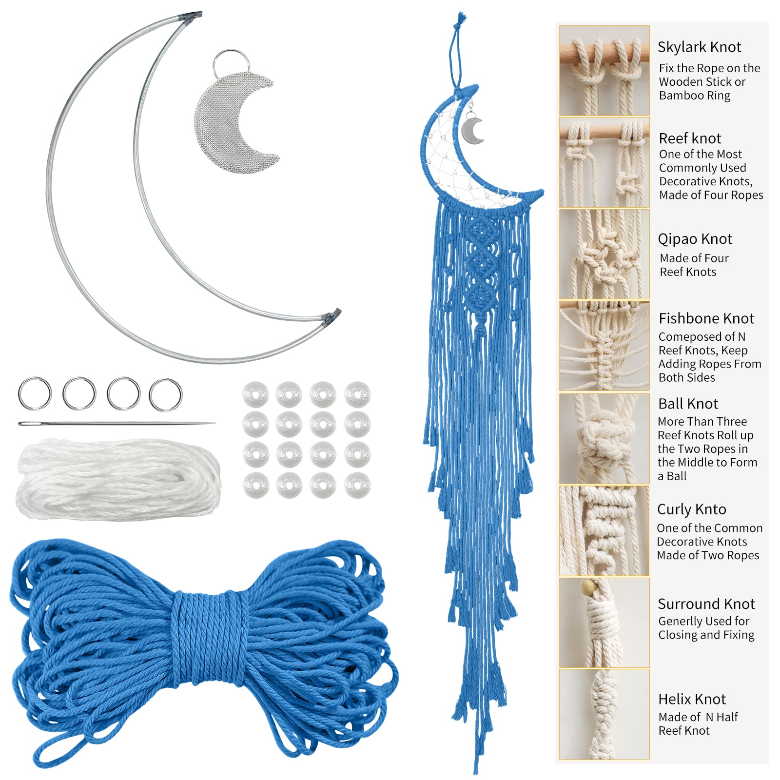 LEREATI Moon Dream Catcher - DIY Macrame Kit for Adults, Wall Hanging Tapestry - 3mm Macrame Cord, Metal Hoops, Beads for Crafting (Lake Blue)