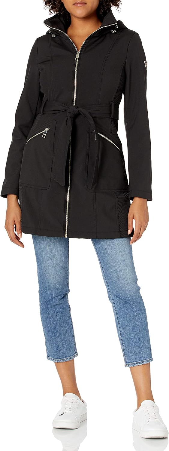 GUESS womens Belted Softshell Jacket With Hood at  Women's Coats Shop