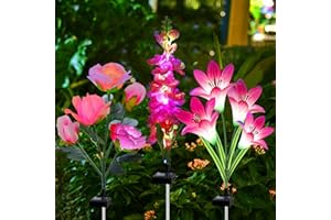 MRHEPHAESTUS Solar Garden Lights Waterproof, 3 Pack Solar Flowers Lights Includes Lily Rose Delphinium, Gardening Gifts for Mom Grandma Women, 7-Color Changing Outdoor Decor for Garden Yard Patio Lawn
