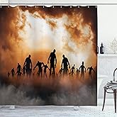 Ambesonne Halloween Shower Curtain, Zombies Dead Men Walking Body in The Doom Mist at Night Sky Haunted Theme Print, Cloth Fabric Bathroom Decor Set with Hooks, 69