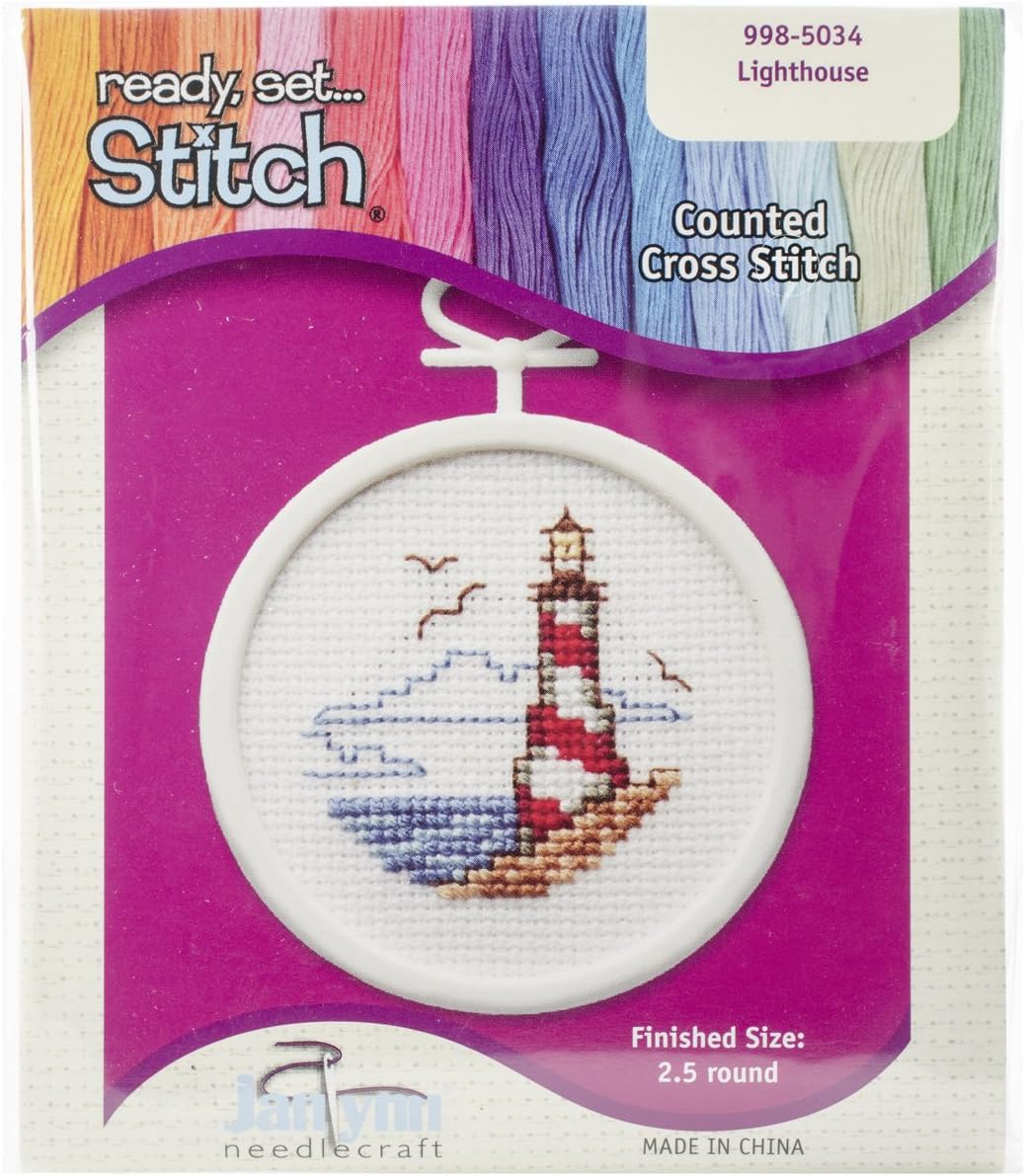 Janlynn18 Count Round Mini Counted Cross Stitch Kit, 2-1/2-Inch, Lighthouse