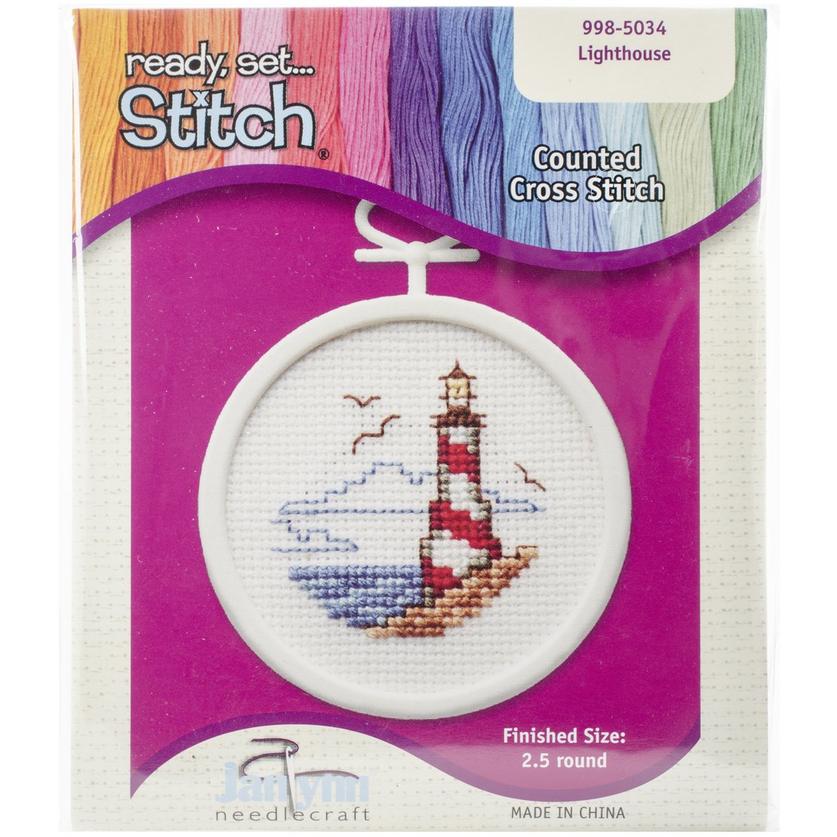 Janlynn18 Count Round Mini Counted Cross Stitch Kit, 2-1/2-Inch, Lighthouse