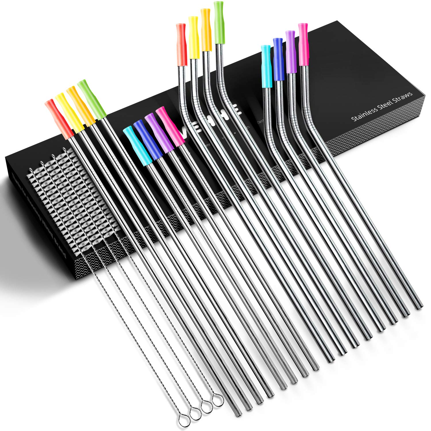 VEHHE Reusable Metal Stainless Steel Straws, 16-Piece Set of Metal Straws with Silicone Tips with Pouch - Long Drinking Straws with 4 Cleaning Brushes, for Beverage Cups, Gift Case Included