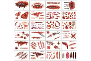 25 Sheets Halloween Zombie Temporary Tattoos, NEDEQI Plus-Size Scar Fake Blood Tattoos Waterproof Realistic Stitches Wound Temp Sticker for Zombie Makeup Chucky SFX Cosume Prank Cosplay Kids Men Women
