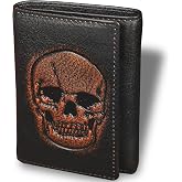DK86 Skull Trifold Wallets for Men Full Grain Leather with Hand Burnished Tri-Fold Wallet RFID Blocking (Black and Brown: Style A)