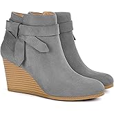 Coutgo Womens Wedge Booties Fall Ankle Boots Tie Knot Stacked Heeled Side Zipper Winter Dress Shoes