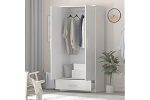 Hitow Wardrobe Armoire Closet with 2 Doors, Freestanding Wardrobe Cabinet with Drawer & Hanging Rod, Bedroom Armoire Clothes Organizer, Type C White (31.5" W x 18.9" D x 66.9" H)