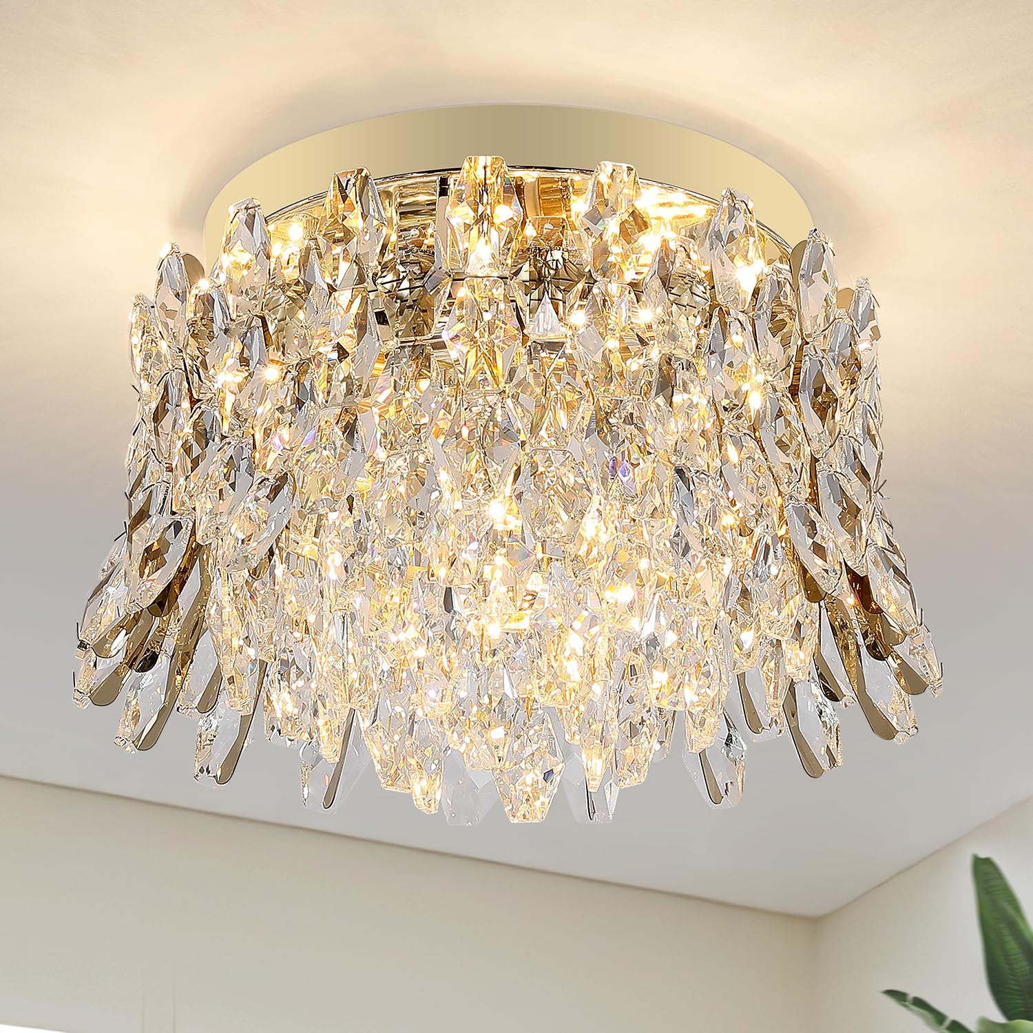 Photo 1 of Mlxattic Crystal Chandeliers for Bedroom,4-Lights Ceiling Light Fixtures Flush Mount,Gold Drum Chandelier for Dining Room,Kitchen,Hallway, Living Room,Foyer,Closet,H9'' x W13.8''