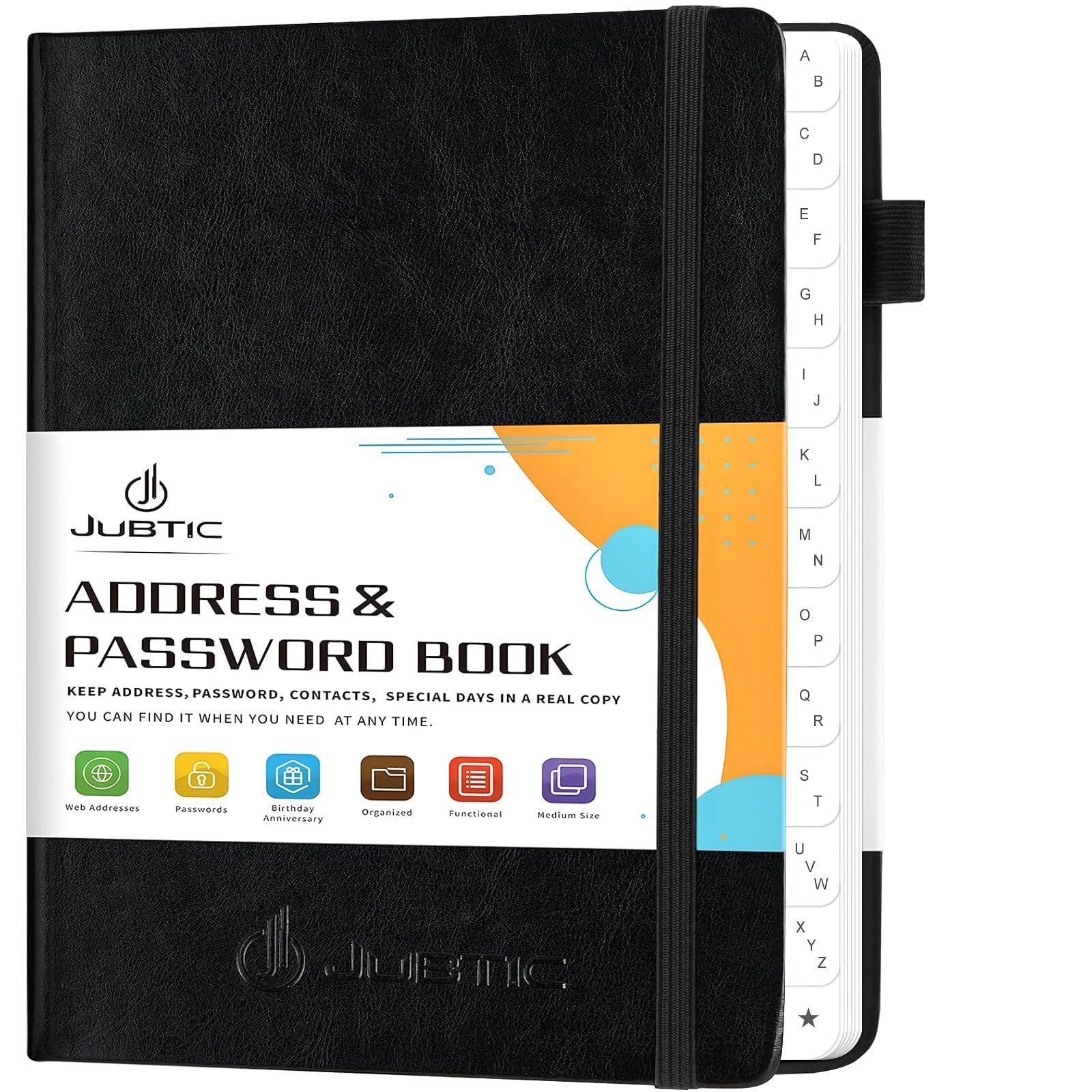 JUBTIC Hardcover Address Book with Alphabetical Tabs, Password Keeper and Telephone Book Address Organizer Record Contacts, Internet Login Address Log Book Journal Notebook for Home or Office-Black