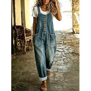 Women's Vintage Washed Denim Overall Pants, Adjustable Strap Casual Jumpsuit