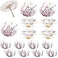 Roowest 24 Pcs Cherry Blossom Decor Including 4 Pcs Chinese Oiled Paper Umbrella, 8 Pcs Asian Japanese Paper Lanterns Lamp Pink Silk Hand Chinese Folding Fans 12 Pcs for Wedding Party Decoration