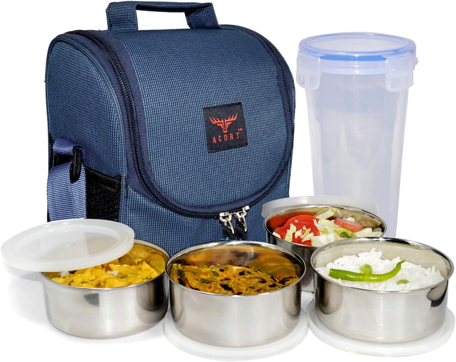 Acort Executive Lunch Box Set, 4 Bowl + 1 Glass - with Navy Blue Tiffin Box Bag