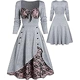 Women's Gothic Dress Steampunk Vintage Tea Dress Halloween Party Dresses Long Sleeve Lace Splicing Swing Dresses