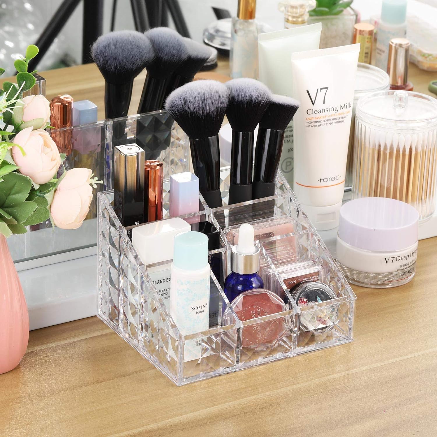 Clear Makeup Organizer Brush Holders 7-Compartment Cosmetics Display Case Storage for Vanity Countertop: Beauty
