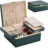 Lolalet Jewelry Box Organizer for Women Girls, 2 Layer Jewelry Organizers and Storage for Necklace Earrings Rings Bracelets, Large Jewellery Holder Case Birthday Valentine Gifts -DarkEmerald