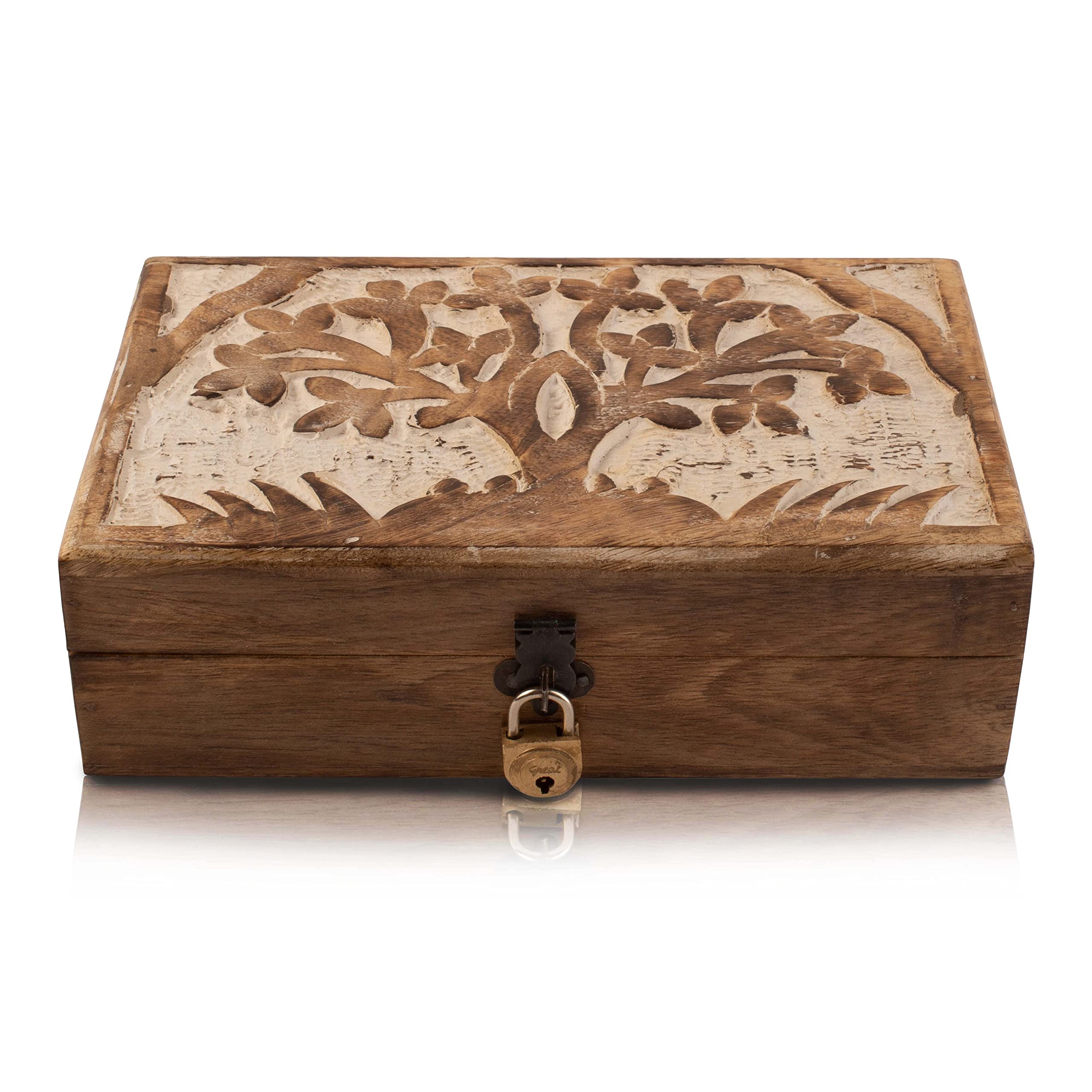 Birthday Gift Ideas Handmade Decorative Wooden Jewellery Keepsake Box Tree Of Life Carving & Lock & Key Jewellery Organizer Treasure Chest Trinket Holder Watch Storage Lock Box 20 x 12 cms