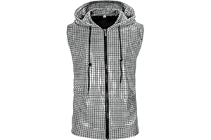 DZMDIP Men's Sequins Sleeveless Hooded Vest Disco Zippered Shirts 70s Disco Party Costume