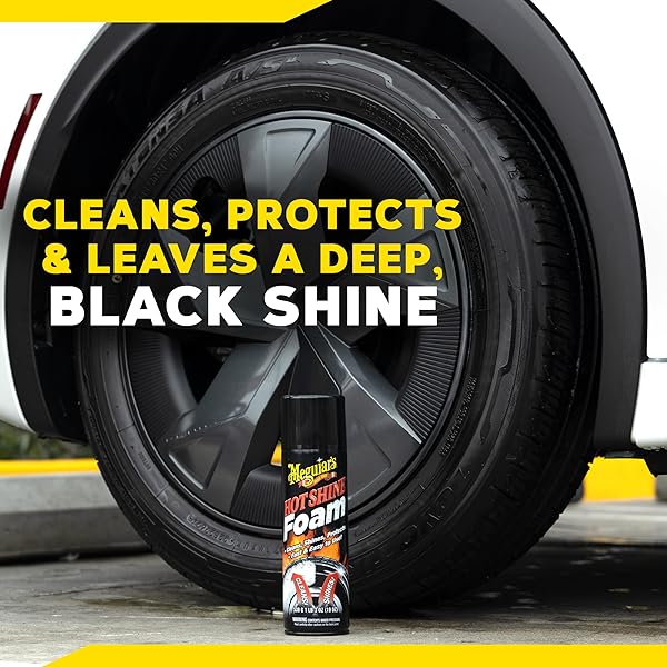 MEGUIAR’S HOT SHINE TIRE FOAM, HIGH GLOSS TIRE SHINE THAT CLEANS, SHINES, AND PROTECTS IN ONE STEP, DEEP, BLACK SHINE WITH CONDITIONERS AND UV PROTECTION, BEST GIFTS FOR CAR LOVERS, 19 OZ AEROSOL