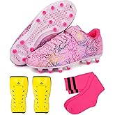 brooman Kids Firm Ground Soccer Cleats Girls Football Cleats with Shin Guards and Soccer Socks