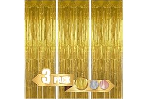 BEEYAKY Gold Curtains for Party Decorations, 3 Pack 3.2ft x 8.2ft Gold Streamers, Birthday Decorations Bachelorette Party Decorations, Gold Backdrop for Disco Ball Decor Streamers Party Decorations