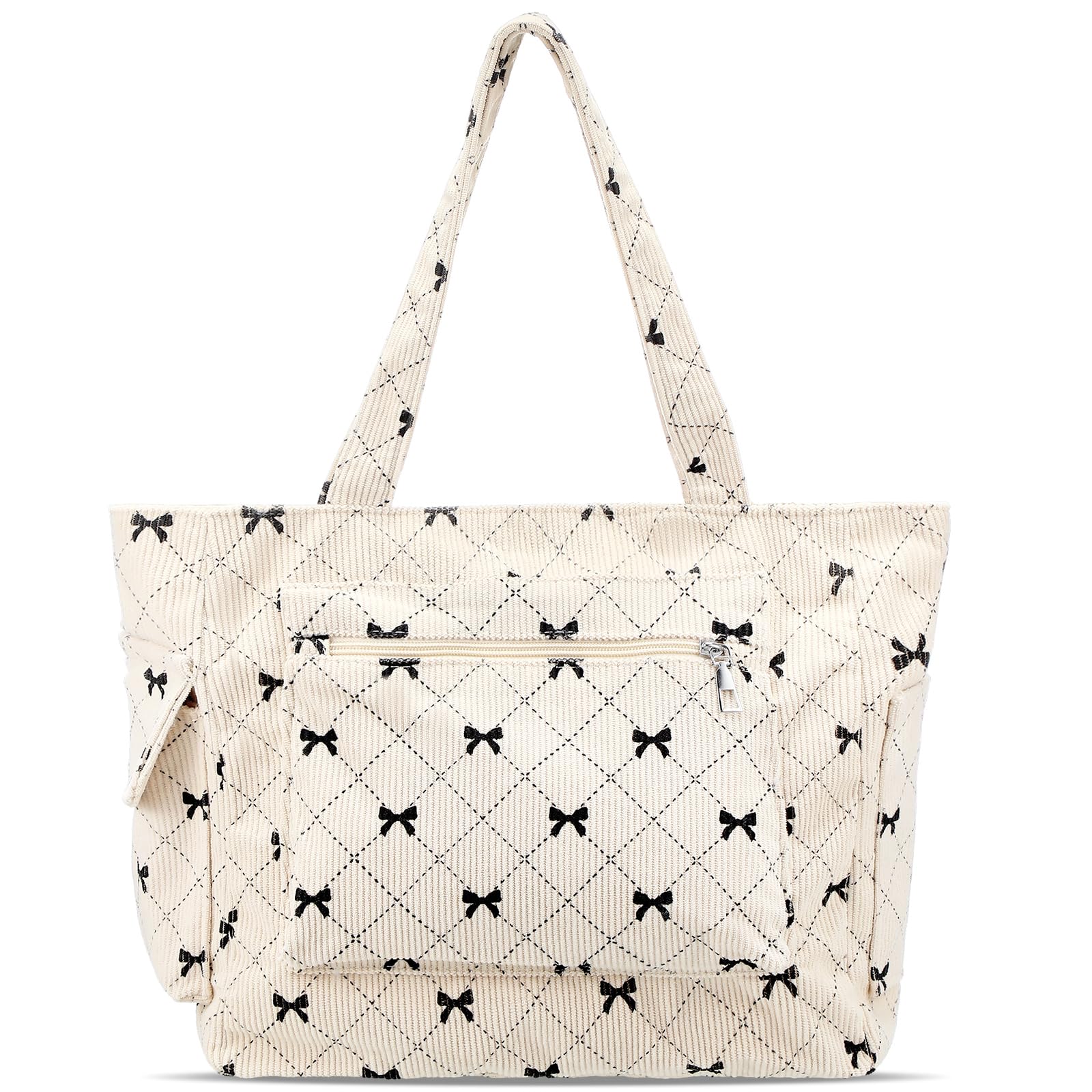 Photo 1 of Clysee Bow Tote Bag for Women Large Corduroy Shoulder Bag with Pockets and Zipper Bow Purse for Work Travel(Beige)