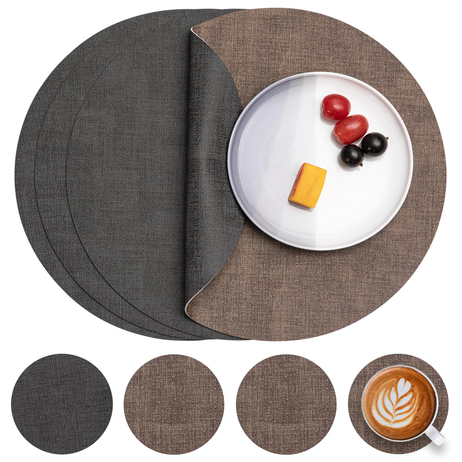 Myir JUN Leather Placemats and Coaster Set of 4, Table Mats Round Waterproof Dual Sided Kitchen Place Mats Coffee Mats Heat Resistant Placemat Non-Slip Washable (set of 4, Grey Coffee) — image 1