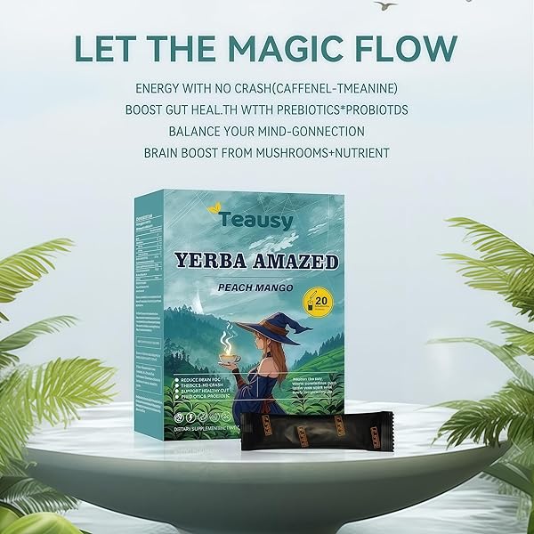 YERBA MATE – PEACH MANGO INSTANT TEA POWDER – 3-IN-1 SUPER DRINK: BRAIN FOG BUSTER WITH YERBA-INFUSED MAGIC – CLEAN ENERGY & GUT HEALTH BOOST | LOW SUGAR, 20 SERVINGS