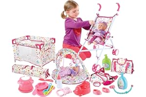 deAO Kids Baby Doll Stroller Nursery Role Play Set with a Variety of Feeding Toy and Play Mat Travel Cot Baby Carrier Stroller and Travel Bag