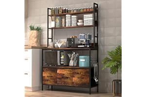 NAIYUFA Kitchen Bakers Rack with Baskets,5-Tier Free Standing Storage Shelf Rack,Industrial Microwave Oven Stand,Metal Kitchen Rack Organizer with Hooks