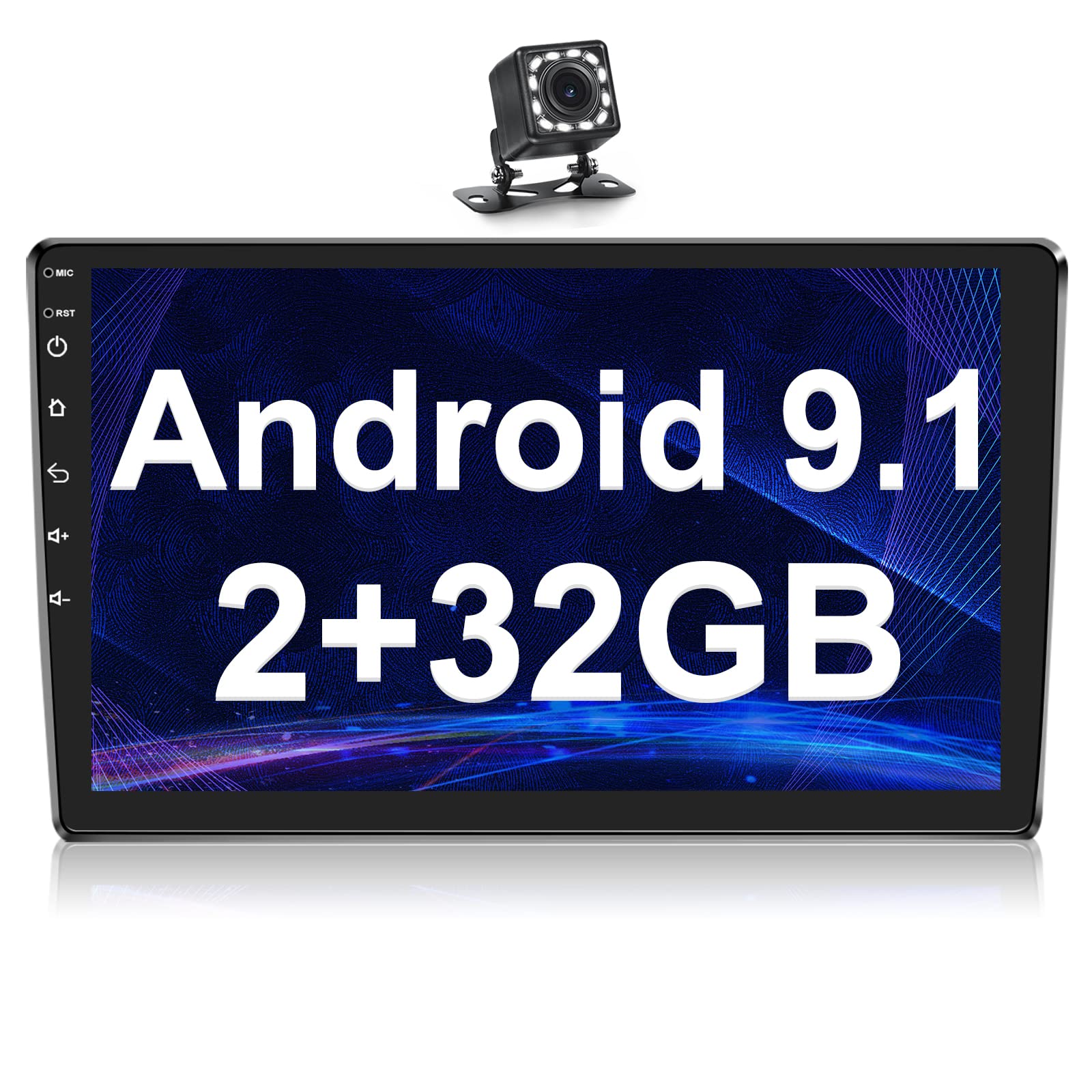 NHOPEEW Android Double Din Car Stereo With 10.1-inch Touch Screen Bluetooth（2+32）G Car Radio Supports Wifi/GPS/FM/SWC/Mirror Link + Reversing Camera