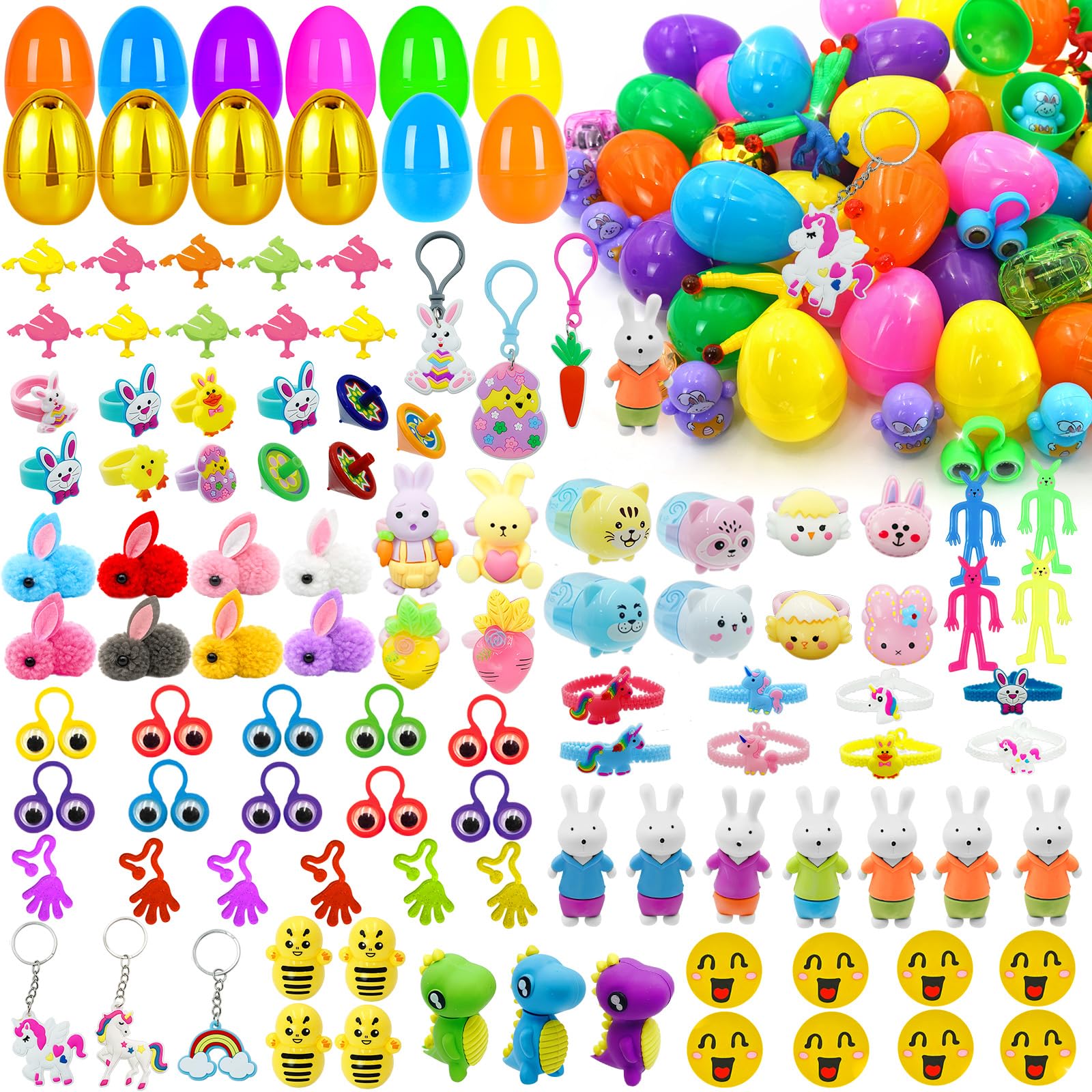 ZICZLI 100 Pack Prefilled Easter Eggs with Assorted Toys Inside Surprise Golden Eggs, Easter Egg Hunt Supplies and Basket Stuffers, Bulk Easter Party Favors Gifts for Kids Boys Girls Toddlers