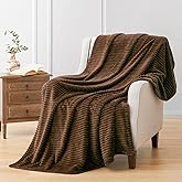 Vessia Flannel Fleece Throw Blanket(50X70 Inch), 300GSM Cozy Brown Stripe Throw for Couch, Sofa and Bed, Warm and Soft Chocolate Microfiber Ribbed Blanket for All Season