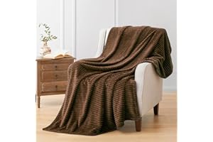 Vessia Flannel Fleece Throw Blanket(50X70 Inch), 300GSM Cozy Brown Stripe Throw for Couch, Sofa and Bed, Warm and Soft Chocolate Microfiber Ribbed Blanket for All Season