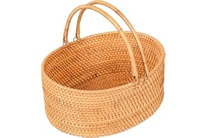 LALASUN Rattan Picnic Basket with Handles, Oval Wicker Gift Basket for Wedding, Camping(12.6"×9.1"×4")