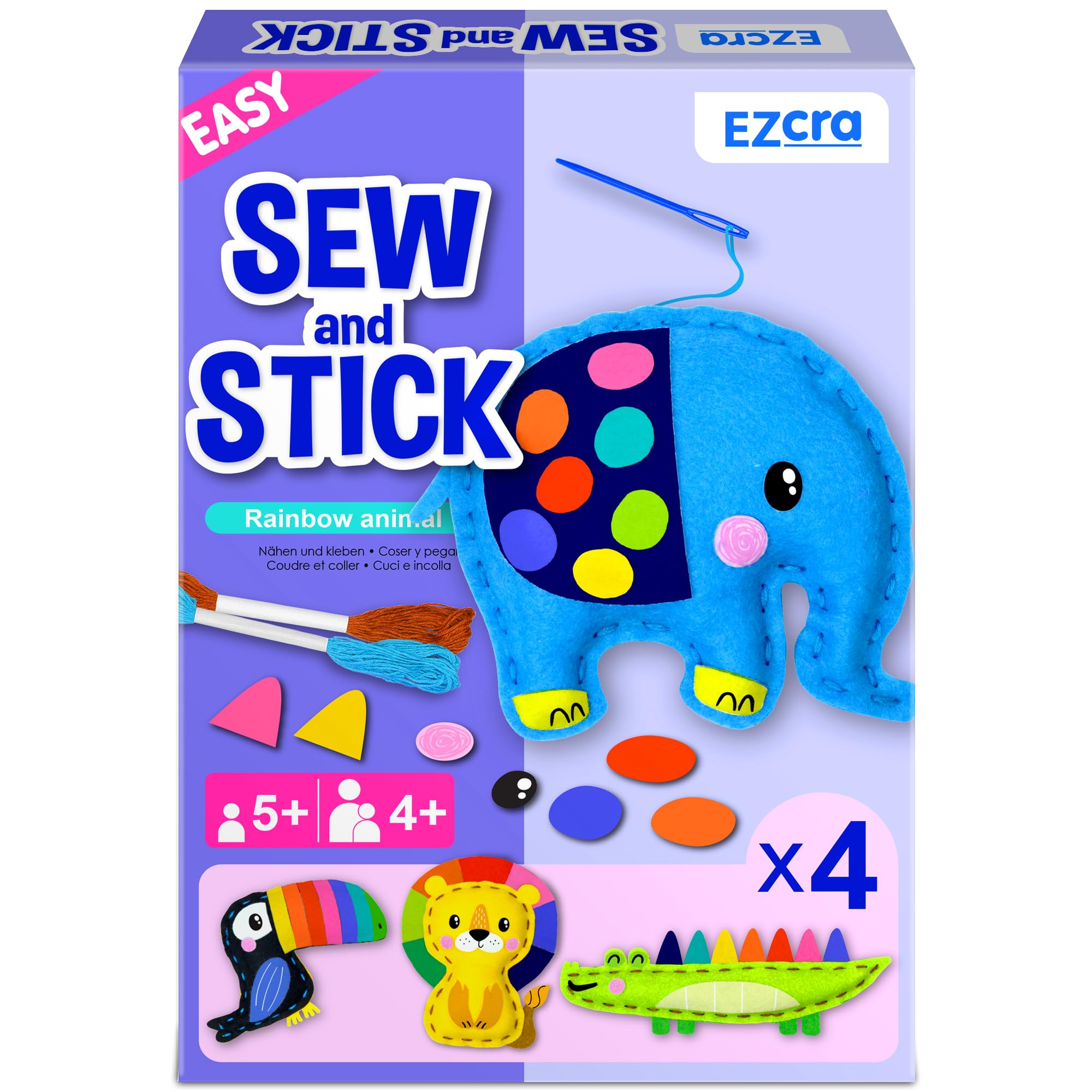 EZCRA Sewing Kit for Kids Ages 4-8, 8 Safari Animal Felt Craft Projects, No-Mess Beginner Stitching Kit with Stickers & Tools, Educational Toy Gift for Boys & Girls