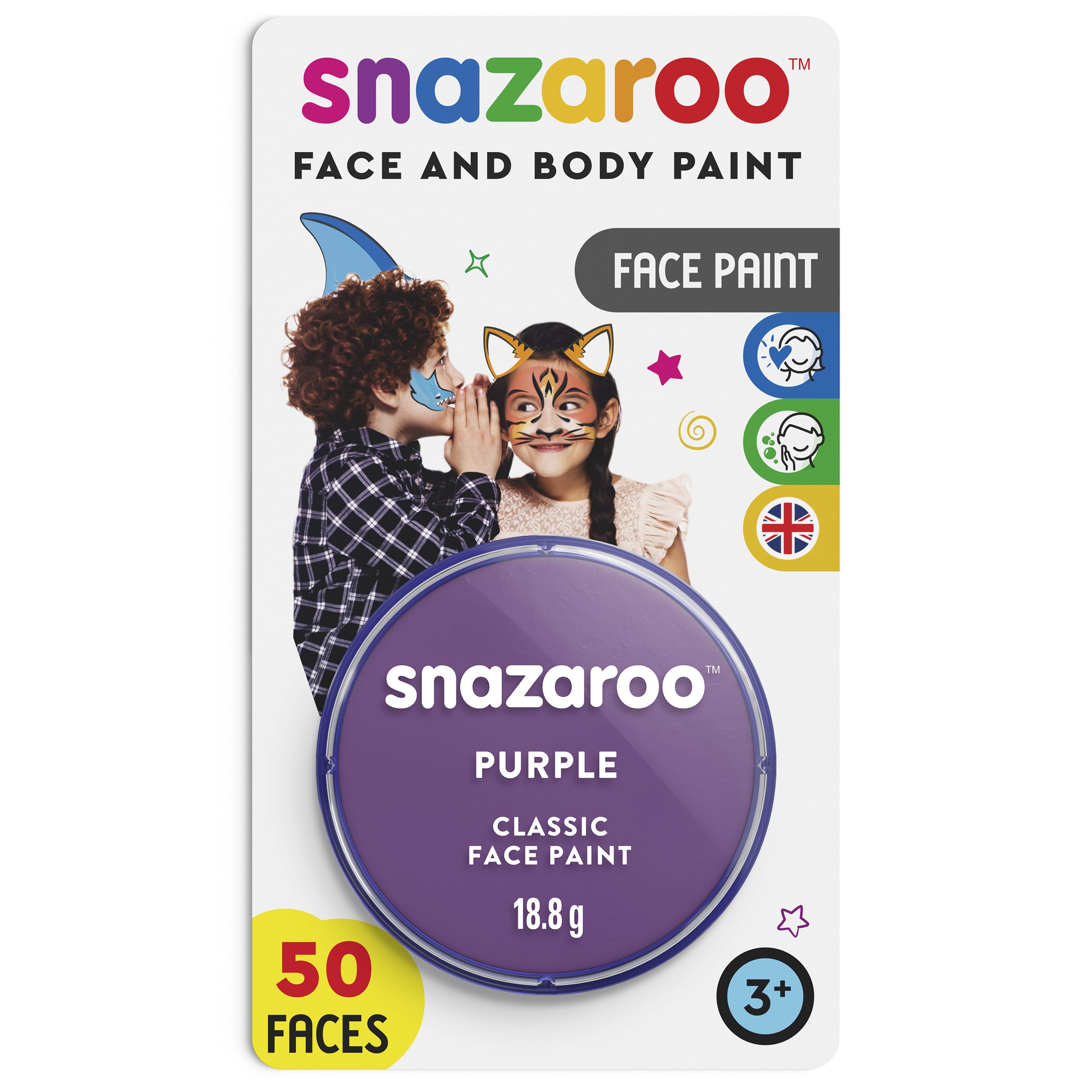 Snazaroo Classic Face and Body Paint for Kids and Adults, Blister Purple Colour, Water Based, Easily Washable, Non-Toxic, Makeup, Body Painting for Parties, for Ages 3+