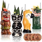 USEEKRIL Tiki Mugs For Cocktail Set Of 4 - Ceramic Tiki Glasses With Straws And Coasters? Exotic Cocktail Glasses For Hawaiian Party,Tropical Drinkware For Mai Tai, Luaus, And Tiki Bars.