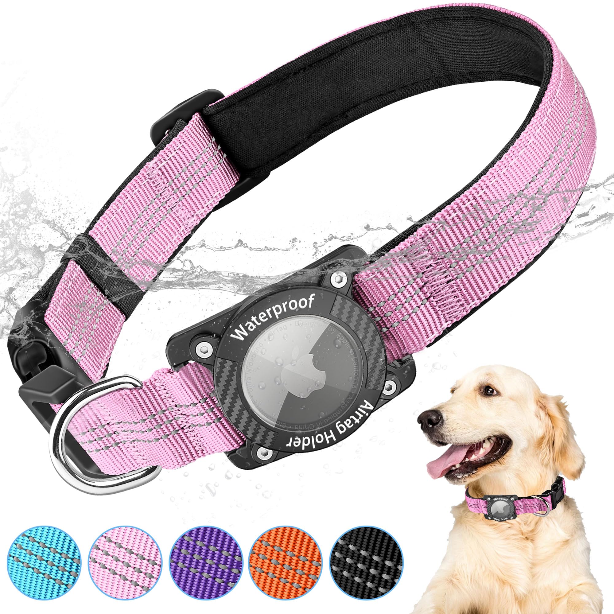 LZXLXS AirTag Dog Collar, IPX8 Waterproof Air Tag Dog Collar Holder, Luminous, Reflective, Durable, Comfortable Padded GPS Collars for Small Medium Large Dogs, Pink, M