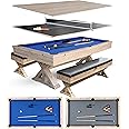 7 FT 3 in 1 Multi Game Pool Table with Dining Top Ping Pong Table Combo, Includes Pool Table Accessories and Tennis Paddles. Dust Cover Included.