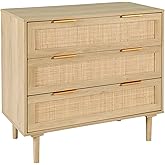 HOPUBUY 3 Drawer Dresser for Bedroom, Rattan Modern Closet Dressers Chest of Drawers, Wood Oak Storage Chest for Kids Bedroom