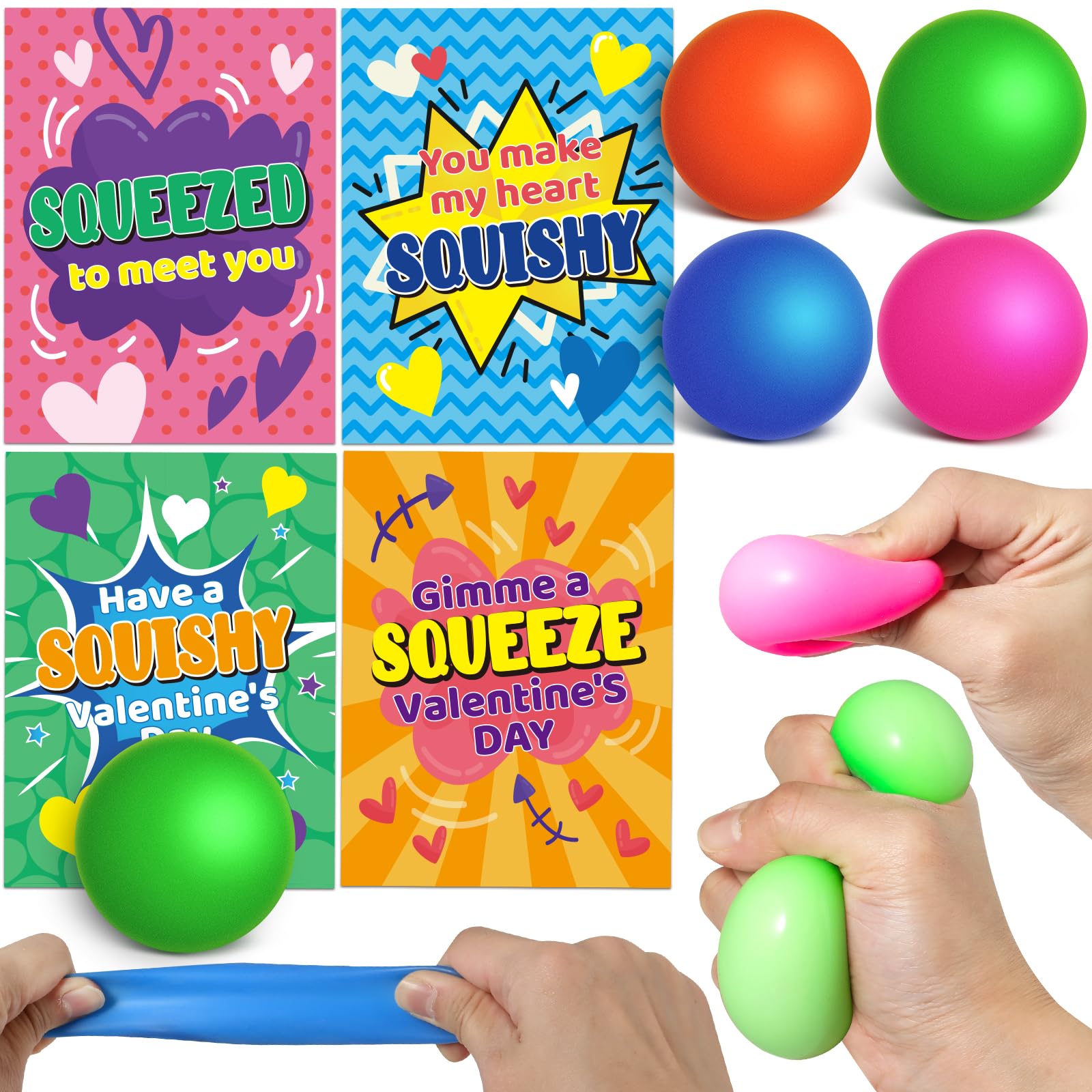 Photo 1 of 28PCS Valentines' Day Gift Cards for Kids Classroom School Exchange, Bulk Valentines' Cards with Small Ball, Valentines' Small Relief Squeeze Toys for Valentine Party Favor, Valentines' Day Card