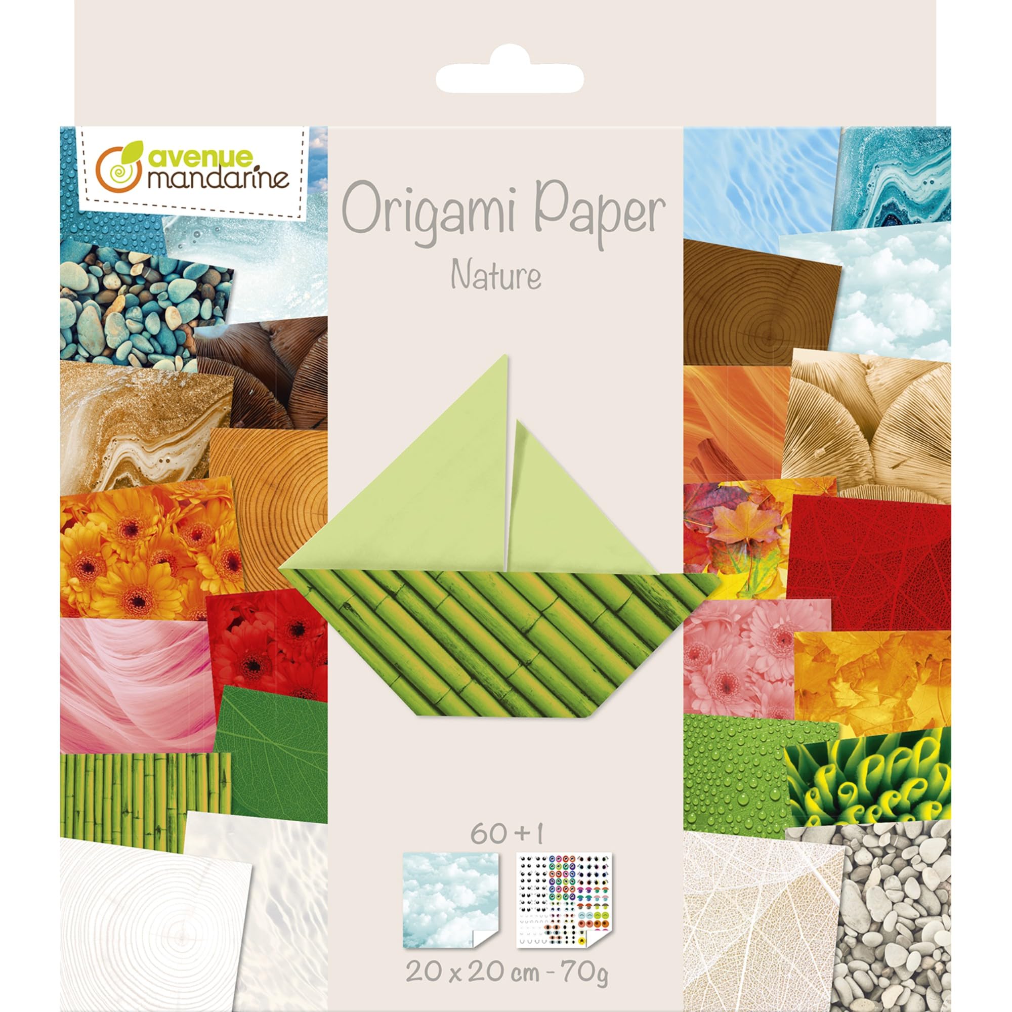 Avenue Mandarine - Ref 52503MD - Origami Sheet Pack - Nature - 70gsm Clairefontaine Paper, 20 x 20cm Sheets, 60 Printed Sheets, Sheet of Eye Stickers, Suitable for Ages 7+, Orange