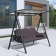 PURPLE LEAF Outdoor Patio Porch Swing with Adjustable PVC Canopy, 3-seat Swing Chair Bench with Side Cup Holder for Backyard Front Porch Lawn, Cushions and Pillow Included, Grey