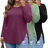 Ficerd 3 Pack Women's Plus Size Long Sleeve Tunic Tops Crewneck Loose Shirts Casual Curved Hem Side Split Basic Tee