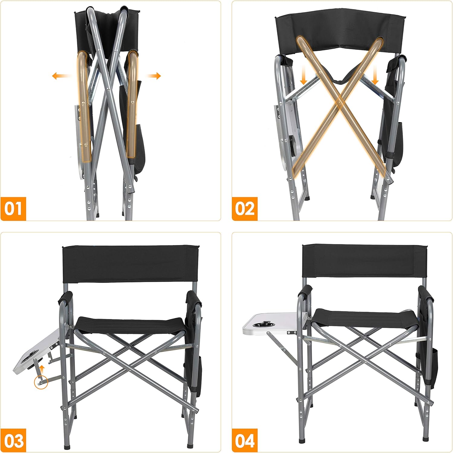 Ubon Steel Frame Portable Director's Chair - Ultra-Wide & Lightweight Seat with Collapsible Side Table & Pockets - Foldable Seat for Camping, Beach, Travel, Sports Games - 300lb Capacity - Dark Black : Sports & Outdoors