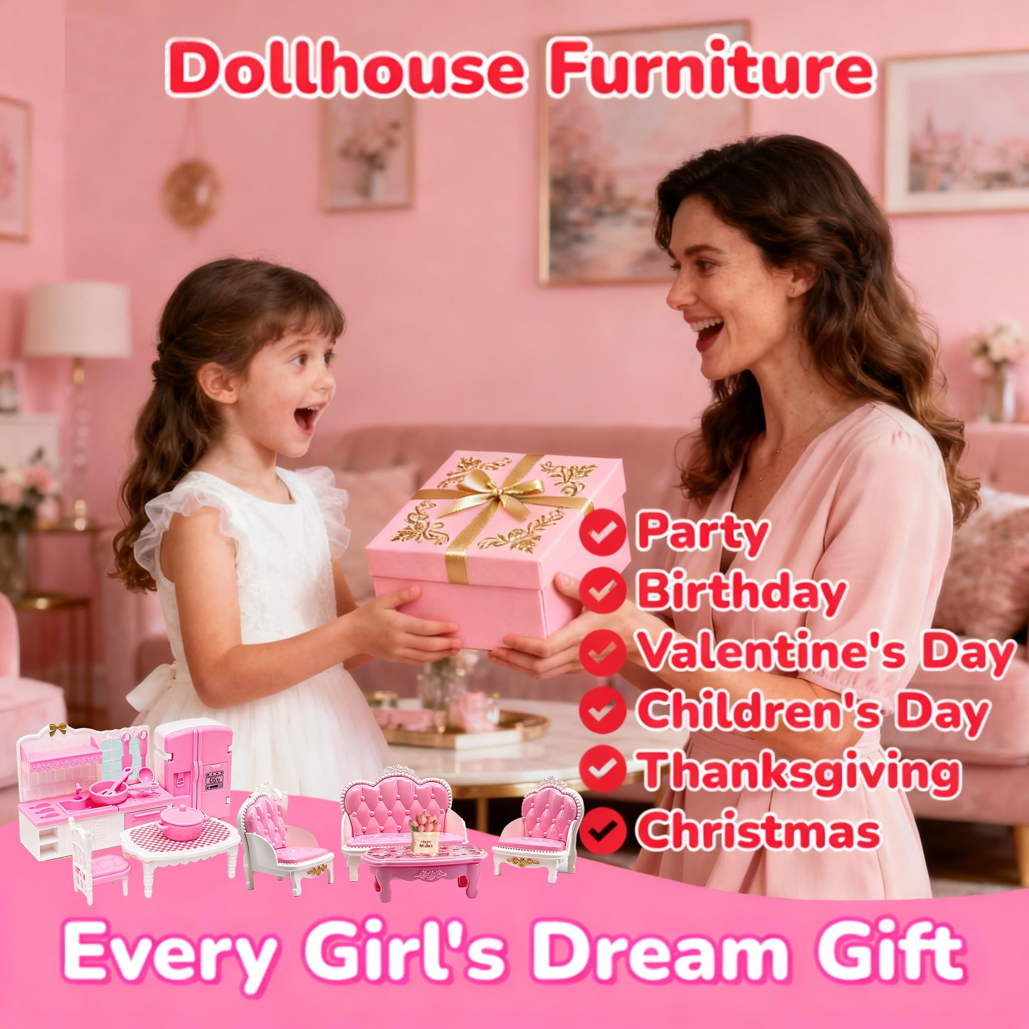 Dollhouse Furniture Set - 38 Pcs,Miniature Accessories with Cat,Dog, Kitchen, Bedroom, Living Room & Bathroom - Doll House Accessories and Furniture Toys for Boys Girls Age 3+