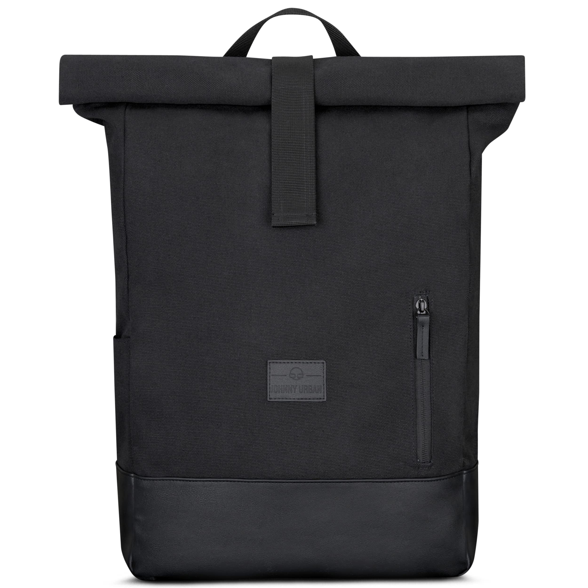 Johnny Urban Roll Top Backpack Women & Men Black - Adam Large - Durable Daypack from Cotton Canvas & Vegan Leather - 18-22 Litre Rucksack - Water-Repellant - 15.6 Laptop Compartment