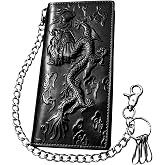 LoGerSon Black Embossed Dragon Leather Long Wallet Mens Biker Chain Wallet With 1 ID Window 11 Card Slots