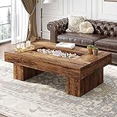LVB 47"X31" Large Rectangle Wood Coffee Table for Living Room Rustic Brown | Modern Long Wood Center Table with LED Light, Farmhouse Unique Low Wide Led Tea Table with Storage for Home Office