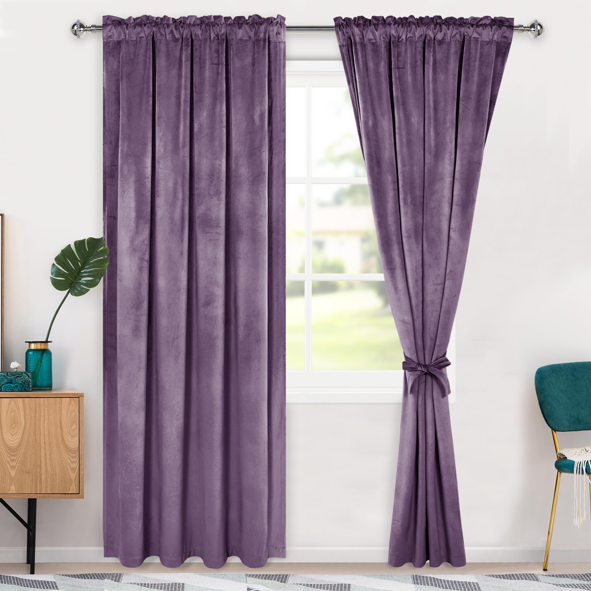 Photo 1 of Hiasan Velvet Curtains 90 inch Blackout Rod Pocket Thermal Insulated Soft Curtains Room Darkening Window Drapes with Tiebacks for Bedroom Living Room, Set of 2 Panels, 52W x 90L, Lavender